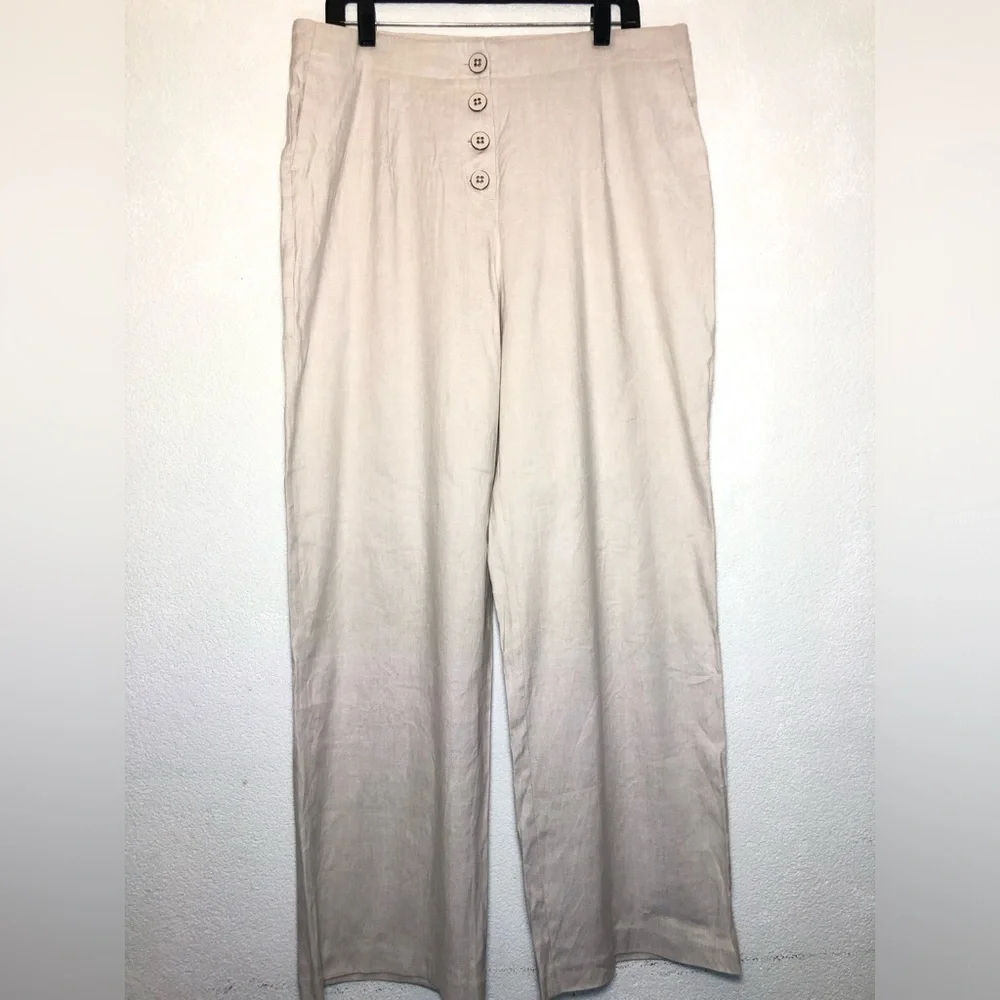 Boden Taupe Linen-Blend Trousers with Pale Pink Trim